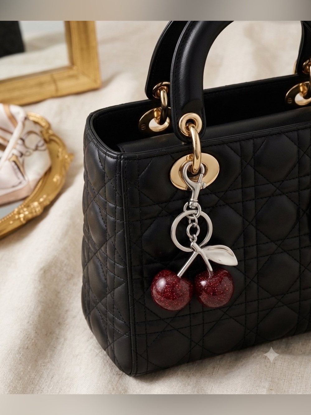 Glitter Cherry Bag Charm Keychain Resin Fruit Purse Key Ring Silver Tone Large - Picture 5 of 5